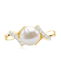 Freshwater pearl solitaire engagement ring with diamond accents by Rosec Jewels, showcasing a crossover design and elegant craftsmanship.