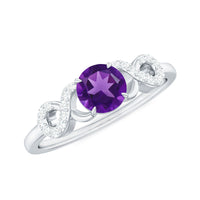 Natural amethyst engagement ring with diamond infinity knot by Rosec Jewels, showcasing a detailed band with a central purple gemstone.