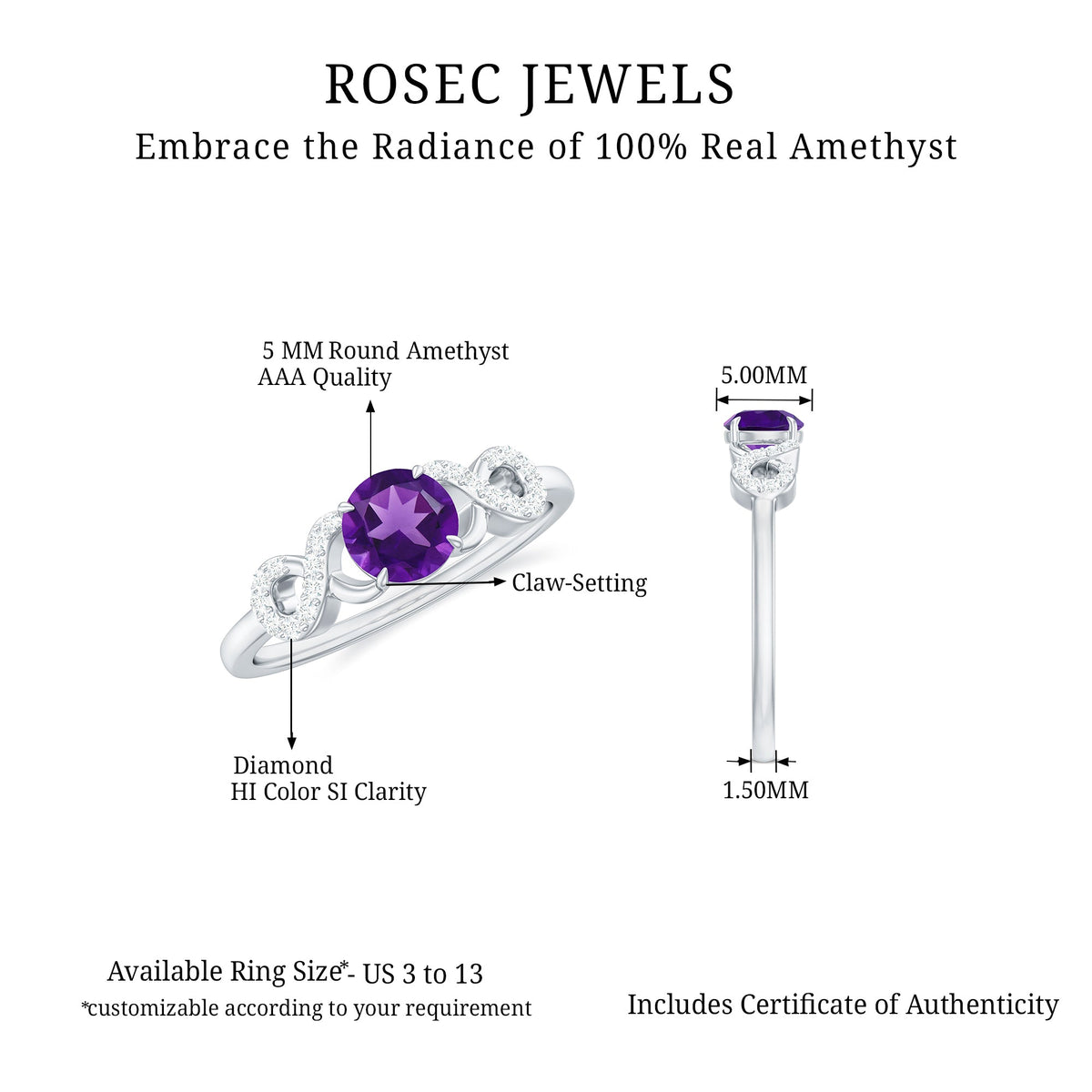 Natural amethyst engagement ring with diamond infinity knot setting, featuring a silver band and intricate floral design.