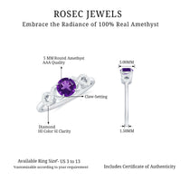 Natural amethyst engagement ring with diamond infinity knot setting, featuring a silver band and intricate floral design.
