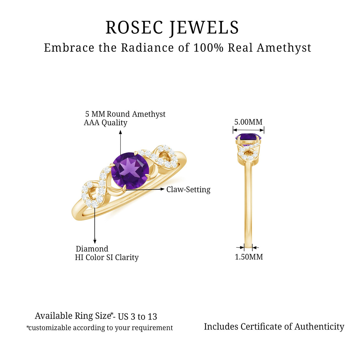 Natural amethyst engagement ring with diamond infinity knot detail, crafted by Rosec Jewels, showcasing a stunning gemstone setting.