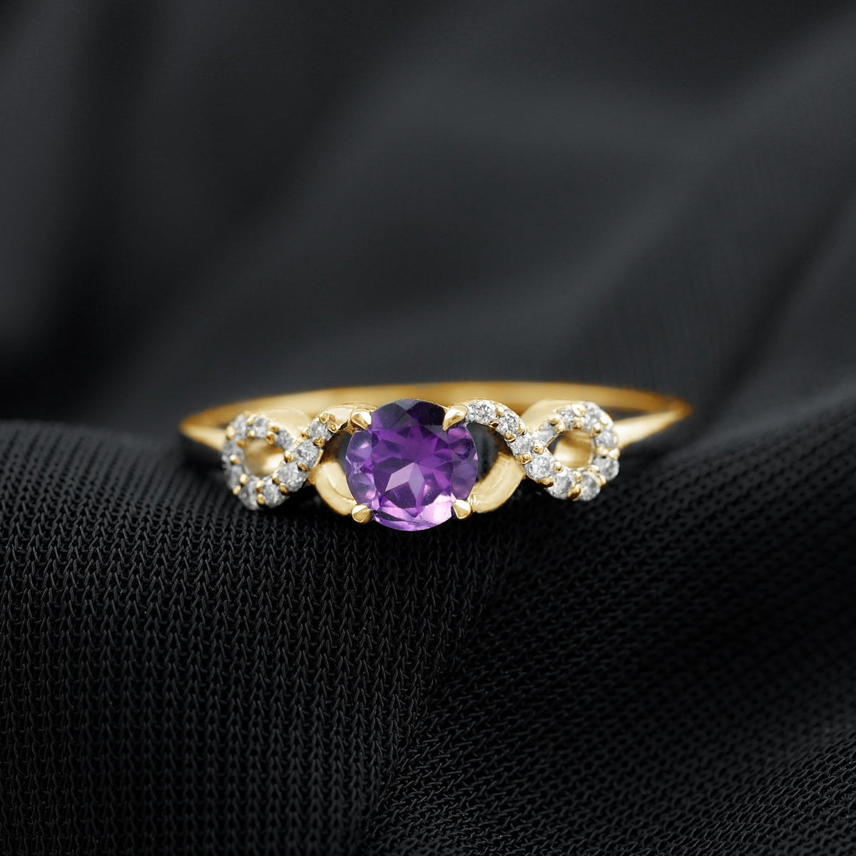 Natural amethyst engagement ring with diamond infinity knot by Rosec Jewels, featuring a purple amethyst gemstone and intricate design.