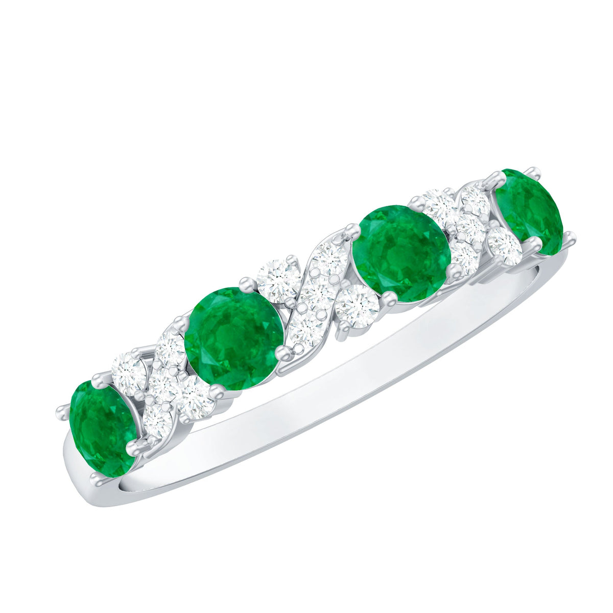 Natural emerald and diamond half eternity ring by Rosec Jewels, showcasing a band with alternating green emeralds and sparkling diamonds.