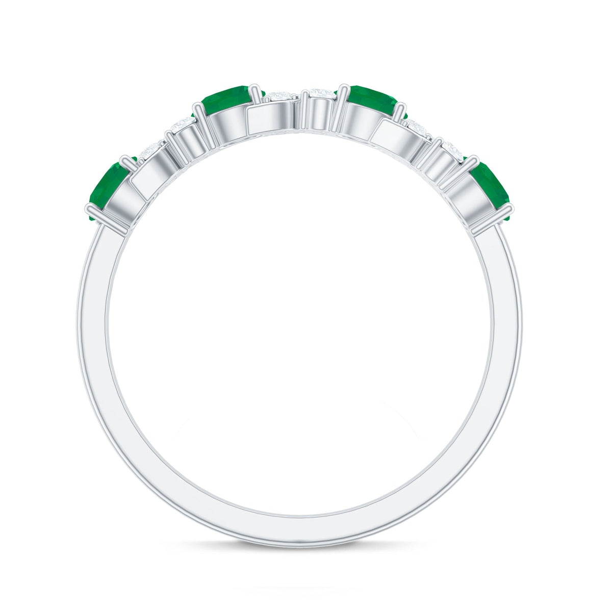 Natural emerald and diamond half eternity ring by Rosec Jewels featuring a detailed band with sparkling gemstones and certificate.