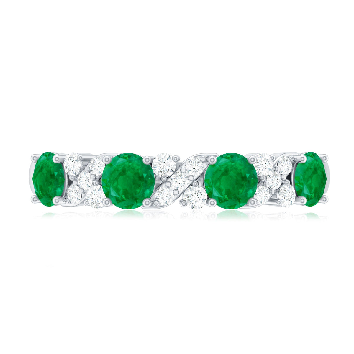 Natural emerald and diamond half eternity anniversary ring by Rosec Jewels featuring a polished band with sparkling gemstones and a certificate.