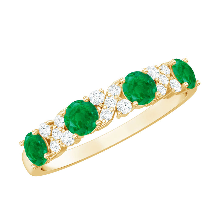 Natural emerald and diamond half eternity ring by Rosec Jewels featuring a row of emeralds and diamonds on a sleek band.
