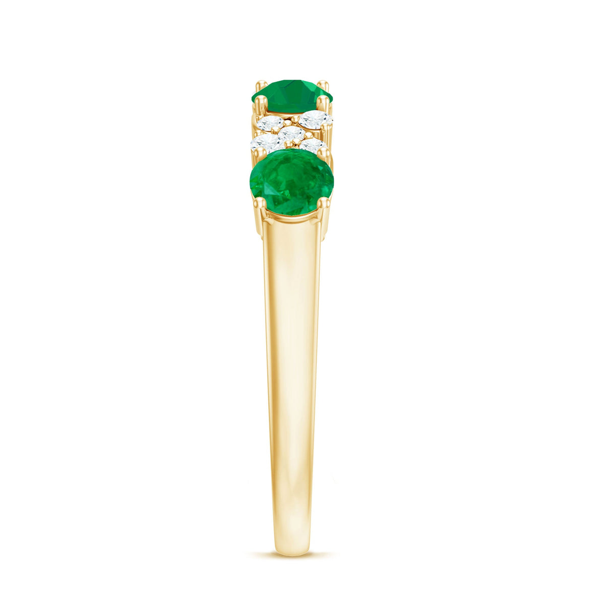 Natural emerald and diamond half eternity ring by Rosec Jewels featuring alternating emeralds and diamonds on a gold band.