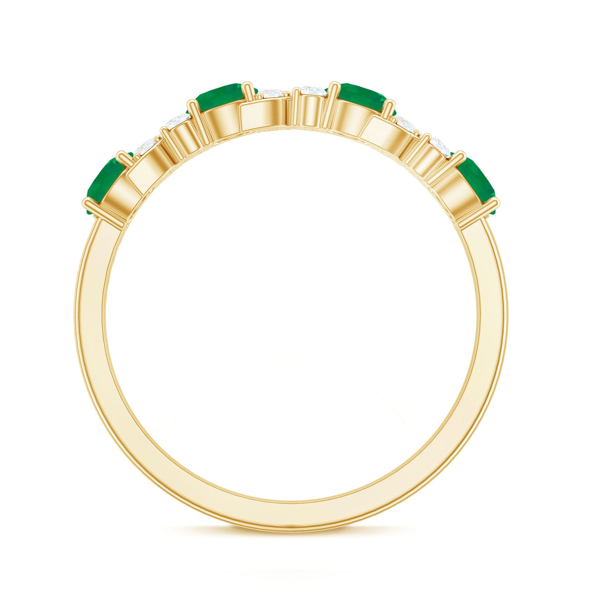 Natural emerald diamond half eternity ring by Rosec Jewels featuring alternating emerald and diamond stones with certificate.