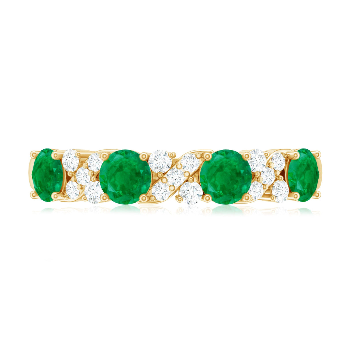 Natural emerald and diamond half eternity ring by Rosec Jewels featuring a certificate, showcasing a detailed close-up of the band.