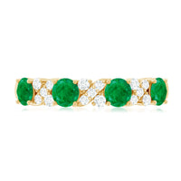 Natural emerald and diamond half eternity ring by Rosec Jewels featuring a certificate, showcasing a detailed close-up of the band.