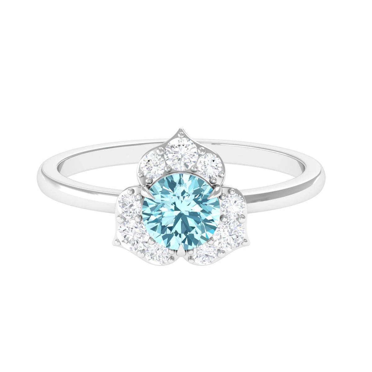 Rosec Jewels aquamarine and diamond flower engagement ring with round aquamarine center stone and sparkling diamonds.