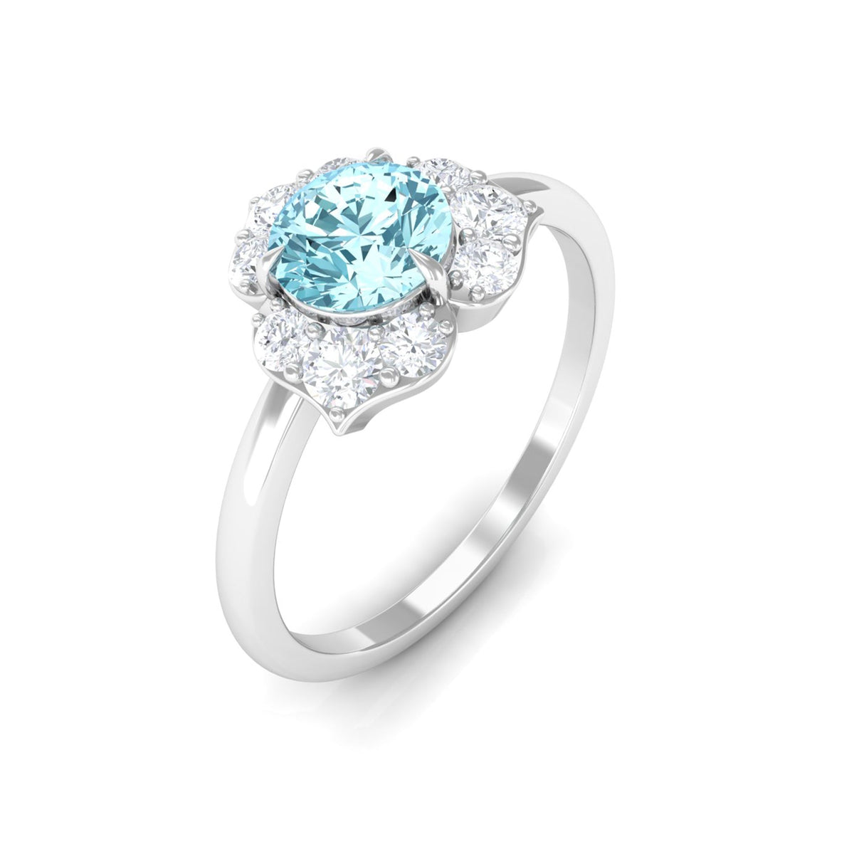 Rosec Jewels round aquamarine and diamond flower engagement ring with certificate, featuring intricate gemstone setting and elegant design.