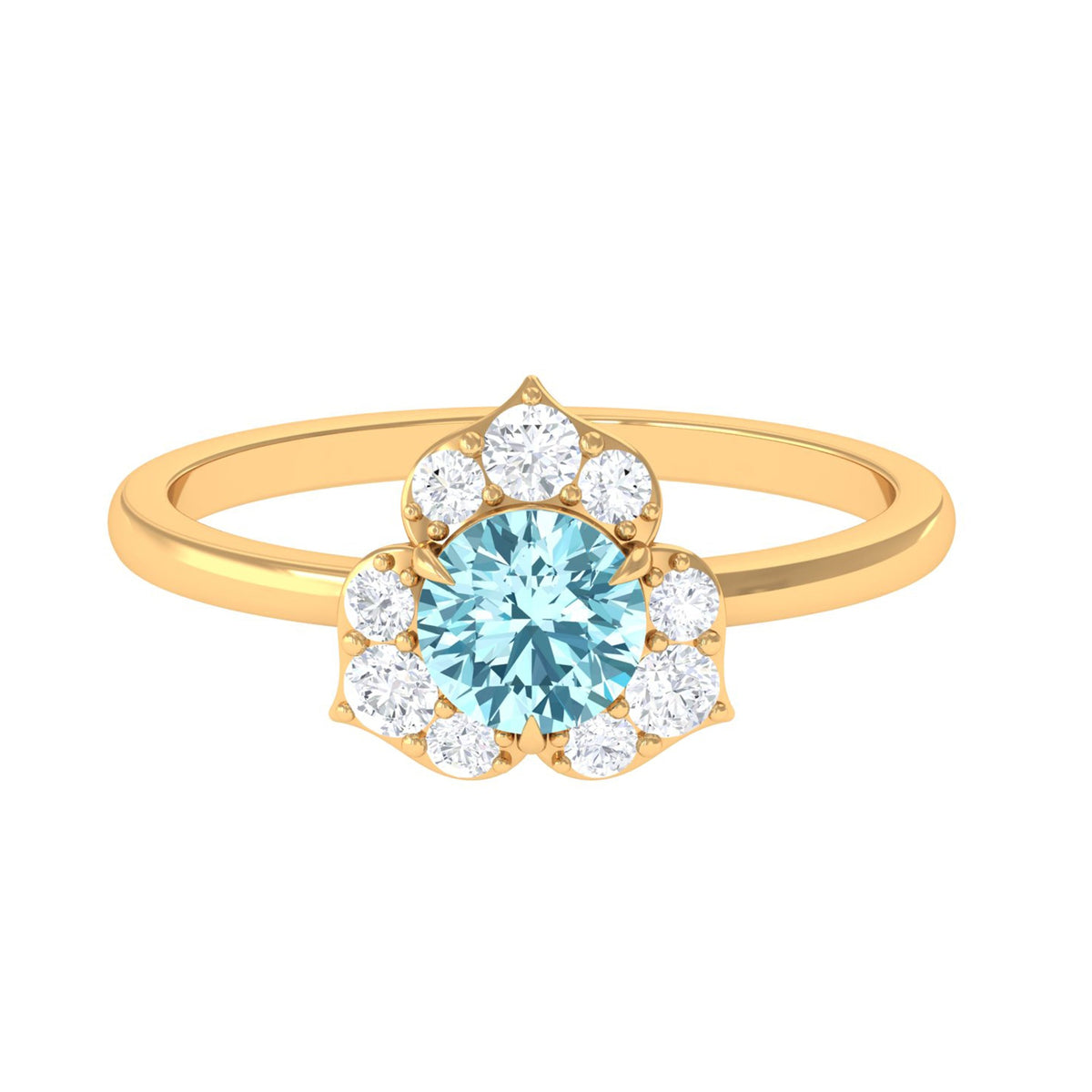 Rosec Jewels round aquamarine and diamond flower engagement ring featuring a central aquamarine gemstone with diamond accents.