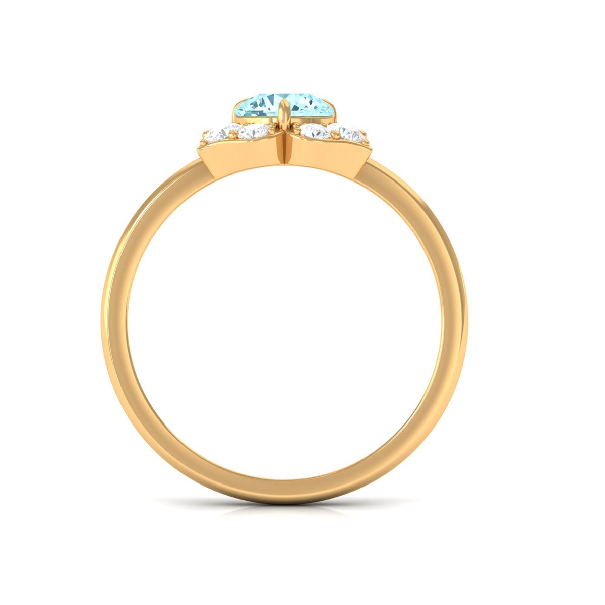 Round aquamarine and diamond flower engagement ring by Rosec Jewels featuring a detailed setting and a certification tag.