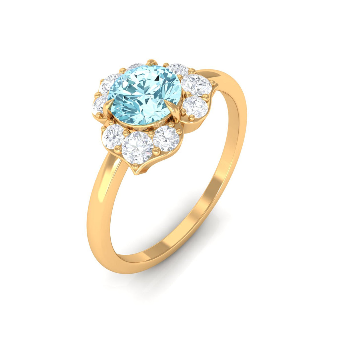 Real aquamarine and diamond flower engagement ring by Rosec Jewels featuring a round aquamarine centerpiece with diamond accents.