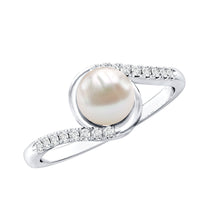 Freshwater pearl solitaire bypass engagement ring with diamond accent by Rosec Jewels, showcasing elegant design and sparkling details.