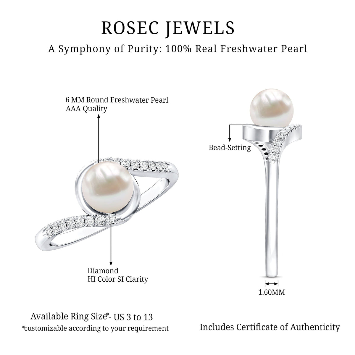 Rosec Jewels freshwater pearl solitaire bypass engagement ring with diamond accent, featuring a polished silver band and elegant design.