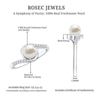Rosec Jewels freshwater pearl solitaire bypass engagement ring with diamond accent, featuring a polished silver band and elegant design.