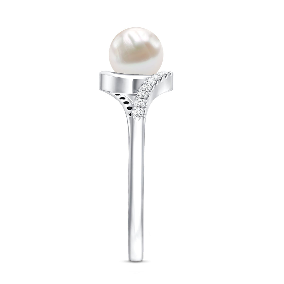 Freshwater pearl solitaire bypass engagement ring with diamond accent by Rosec Jewels, featuring a sleek design and elegant pearl centerpiece.