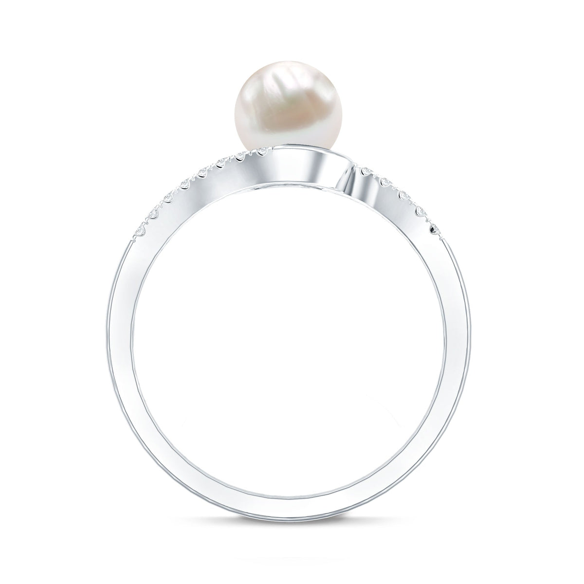 Freshwater pearl solitaire bypass engagement ring with diamond accent by Rosec Jewels, featuring a smooth, elegant band and pearl centerpiece.