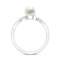 Freshwater pearl solitaire bypass engagement ring with diamond accent by Rosec Jewels, featuring a smooth, elegant band and pearl centerpiece.