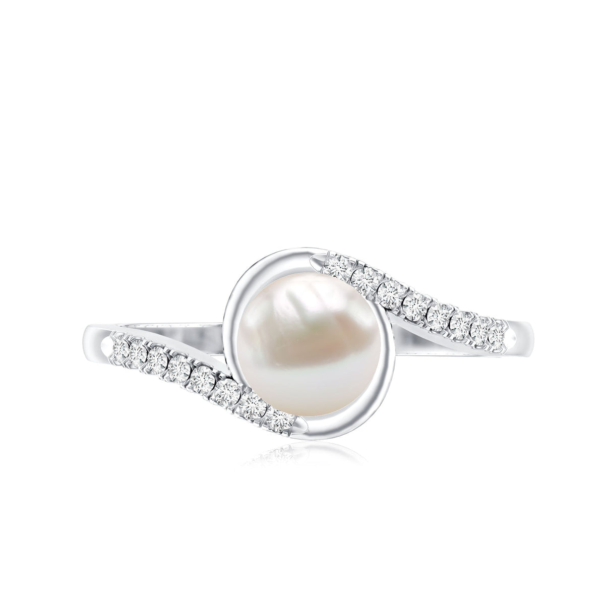 Freshwater pearl solitaire bypass engagement ring with diamond accent by Rosec Jewels, showcasing elegant design and sparkling details.