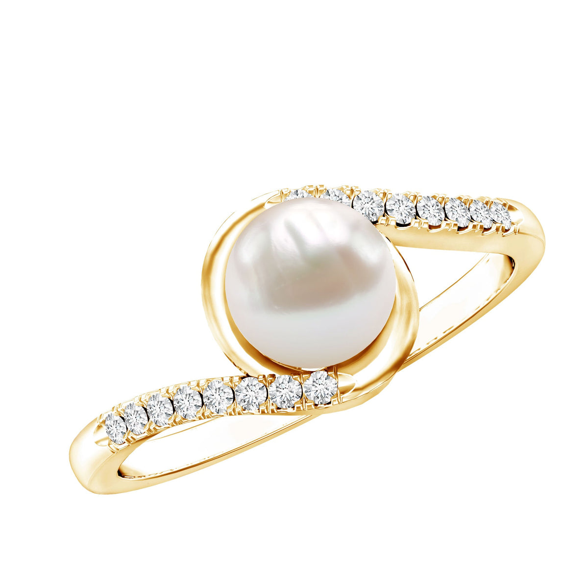 Freshwater pearl solitaire bypass engagement ring with diamond accent from Rosec Jewels, showing the elegant ring on a white background.