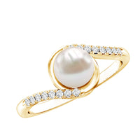 Freshwater pearl solitaire bypass engagement ring with diamond accent from Rosec Jewels, showing the elegant ring on a white background.