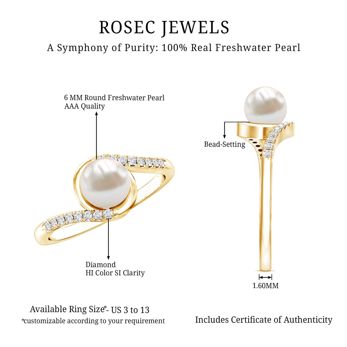 Freshwater pearl solitaire bypass engagement ring with diamond accent by Rosec Jewels, showcasing elegant pearl and sparkling details.