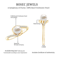 Freshwater pearl solitaire bypass engagement ring with diamond accent by Rosec Jewels, showcasing elegant pearl and sparkling details.