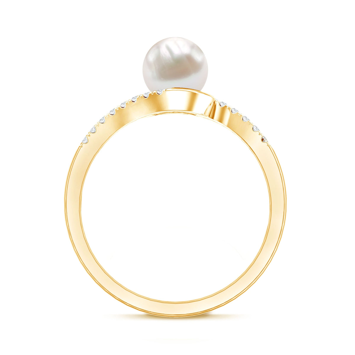 Freshwater pearl solitaire bypass engagement ring with diamond accent by Rosec Jewels, showcasing elegant white pearl and sparkling detail.