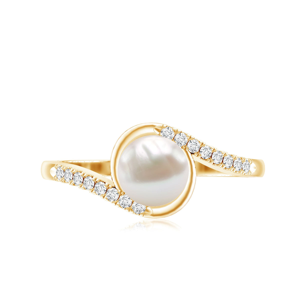 Freshwater pearl solitaire bypass engagement ring with diamond accent from Rosec Jewels, showcasing elegant design and sparkling details.