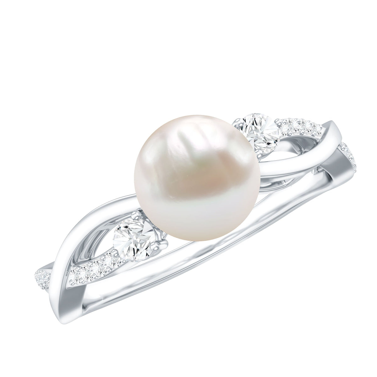 Genuine 7.4 carat freshwater pearl engagement ring with diamond crossover shank by Rosec Jewels, showcasing elegant design
