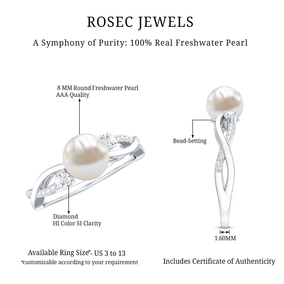 Genuine 7.4 carat freshwater pearl engagement ring with diamond crossover shank by Rosec Jewels, showcasing elegant design and craftsmanship.