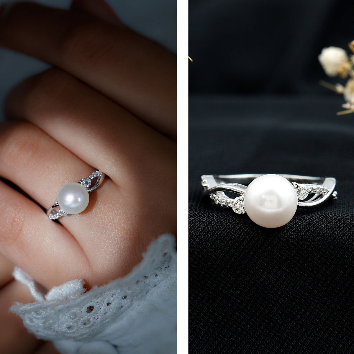 Genuine 7.4 carat freshwater pearl engagement ring with diamond crossover shank by Rosec Jewels, featuring a lustrous pearl and sparkling diamonds.