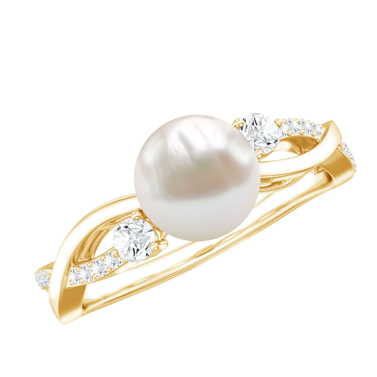 Genuine 7.4 carat freshwater pearl engagement ring with diamond crossover shank, crafted by Rosec Jewels.