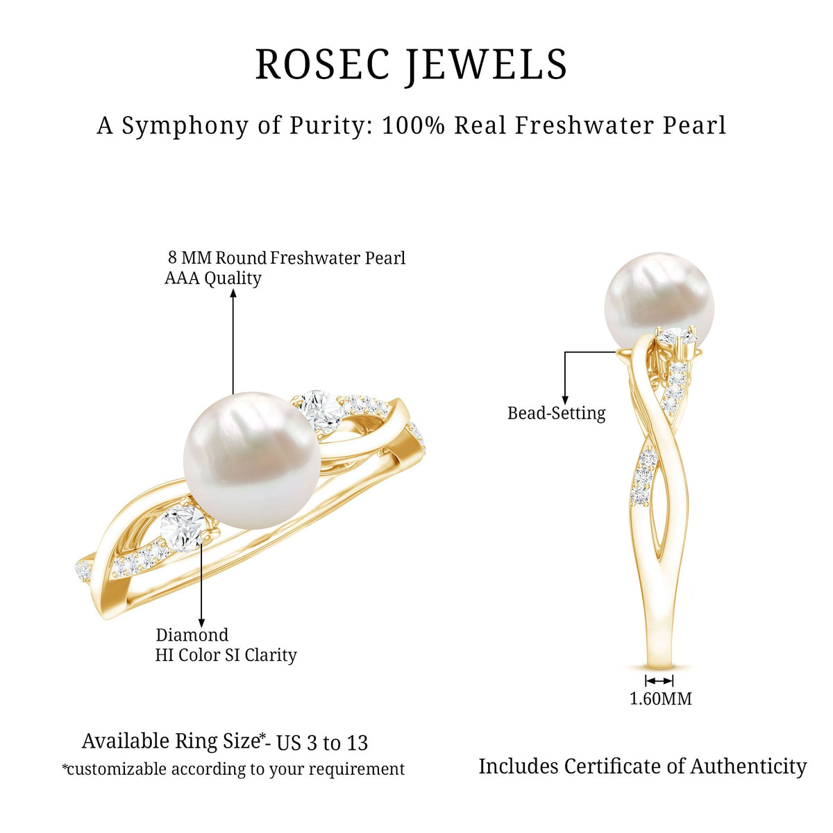 Genuine 7.4 carat freshwater pearl engagement ring with diamond crossover shank by Rosec Jewels, showcasing elegant craftsmanship.