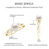 Genuine 7.4 carat freshwater pearl engagement ring with diamond crossover shank by Rosec Jewels, showcasing elegant craftsmanship.