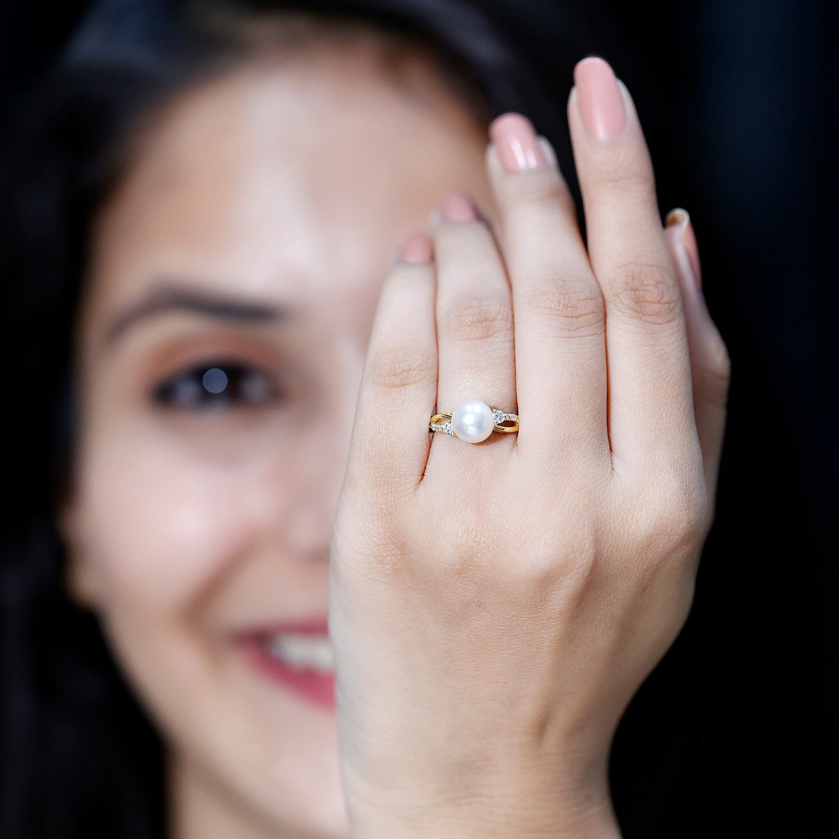 Genuine 7.4 carat freshwater pearl engagement ring with diamond crossover shank by Rosec Jewels, featuring a central pearl and sparkling diamonds.