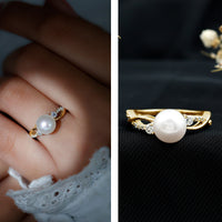 Genuine 7.4 carat freshwater pearl engagement ring with diamond crossover shank by Rosec Jewels, featuring elegant design and sparkling accents.