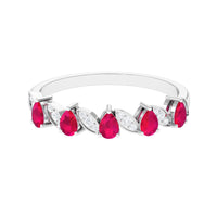 Pear shape ruby half eternity ring with diamonds for women, crafted by Rosec Jewels, showcasing vibrant gemstones and sparkling accents.