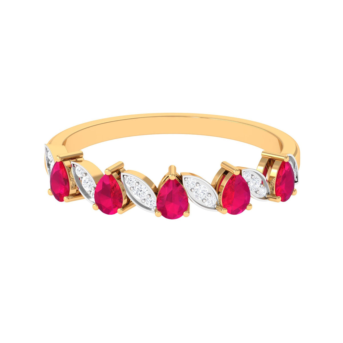 Pear-shaped ruby half eternity ring with diamonds for women, featuring Rosec Jewels brand, displayed on a white background.