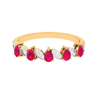 Pear-shaped ruby half eternity ring with diamonds for women, featuring Rosec Jewels brand, displayed on a white background.
