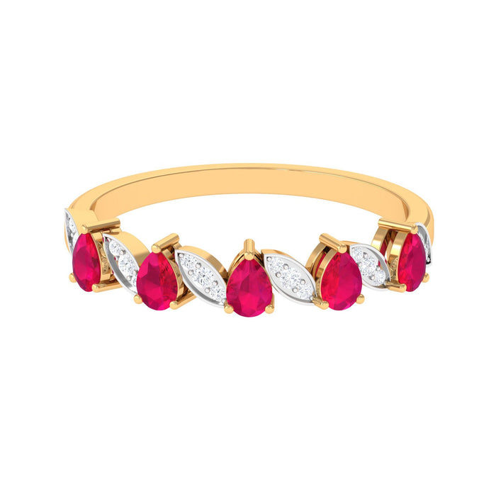 Pear-shaped ruby half eternity ring with diamonds for women, featuring Rosec Jewels brand, displayed on a white background.