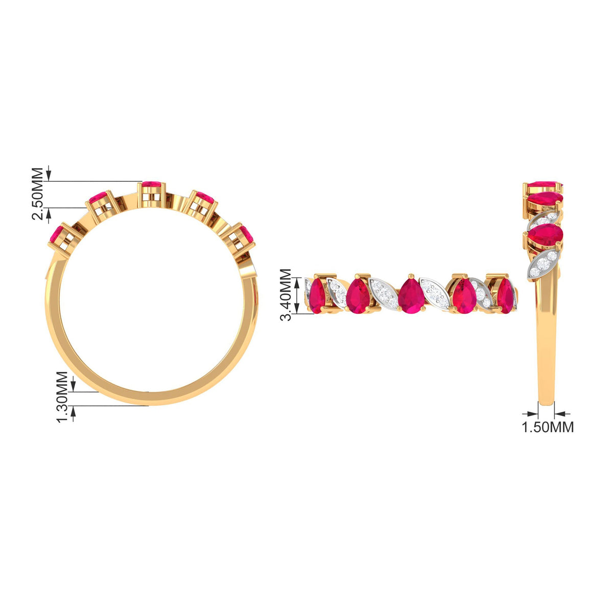 Pear-shaped ruby half eternity ring with diamonds for women, featuring Rosec Jewels' elegant ring design.