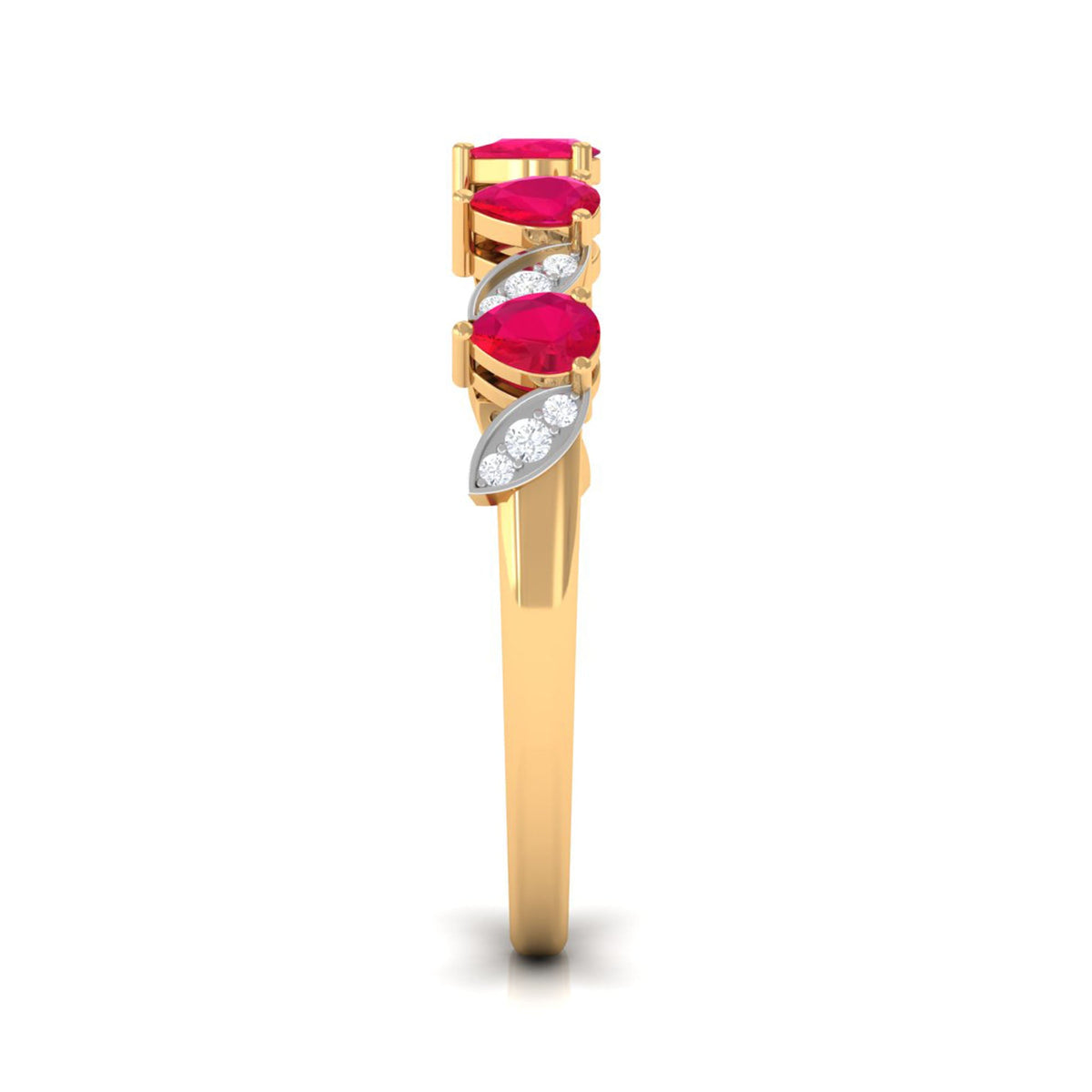 Real pear-shaped ruby half eternity ring with diamonds for women, featuring rose gold band from Rosec Jewels.