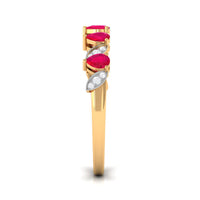 Real pear-shaped ruby half eternity ring with diamonds for women, featuring rose gold band from Rosec Jewels.