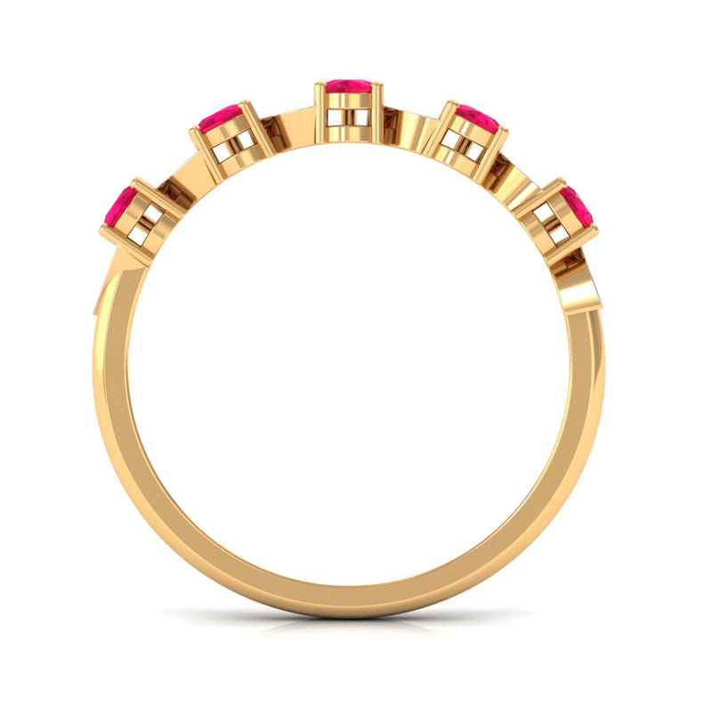 Pear-shaped ruby half eternity ring with diamonds for women, featuring rose gold band from Rosec Jewels.