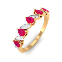 Pear-shaped ruby half eternity ring with diamonds for women, featuring Rosec Jewels' elegant design and sparkling gemstone accents.