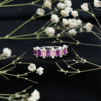 Lab Created Pink Sapphire and Amethyst Half Eternity Band with Diamond